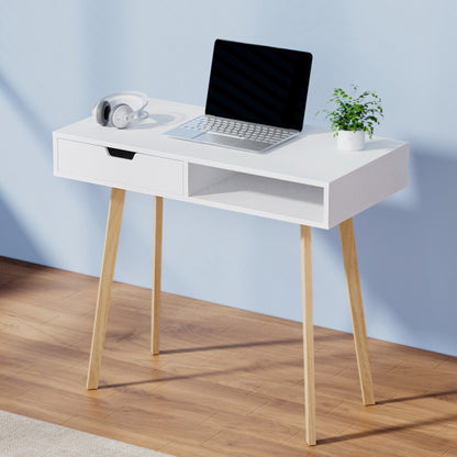 Artiss White & Oak Computer Desk – 90CM with Drawer & Shelf | Scandinavian Style