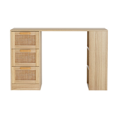 Artiss 120cm Rattan Computer Desk – 3 Drawers & Shelves | Oak Home Office & Study Table