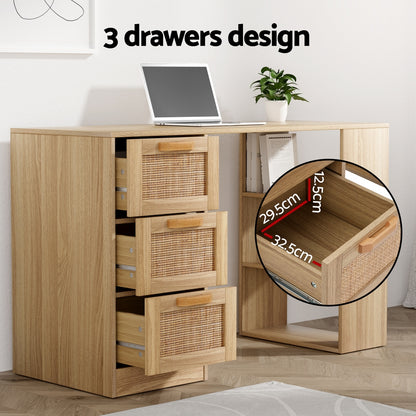 Artiss 120cm Rattan Computer Desk – 3 Drawers & Shelves | Oak Home Office & Study Table