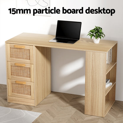 Artiss 120cm Rattan Computer Desk – 3 Drawers & Shelves | Oak Home Office & Study Table