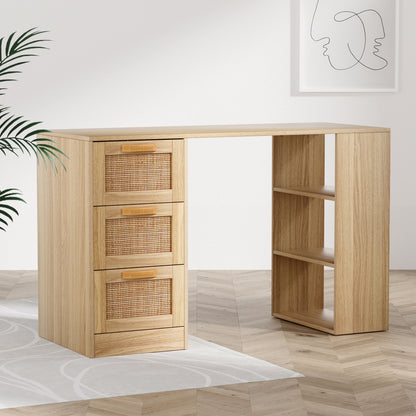 Artiss 120cm Rattan Computer Desk – 3 Drawers & Shelves | Oak Home Office & Study Table