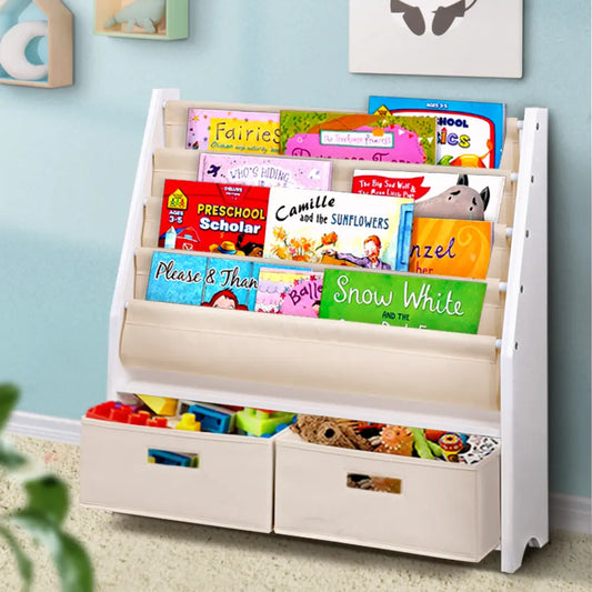 White 4 tier kids bookshelf with storage bins holding children's books and toys