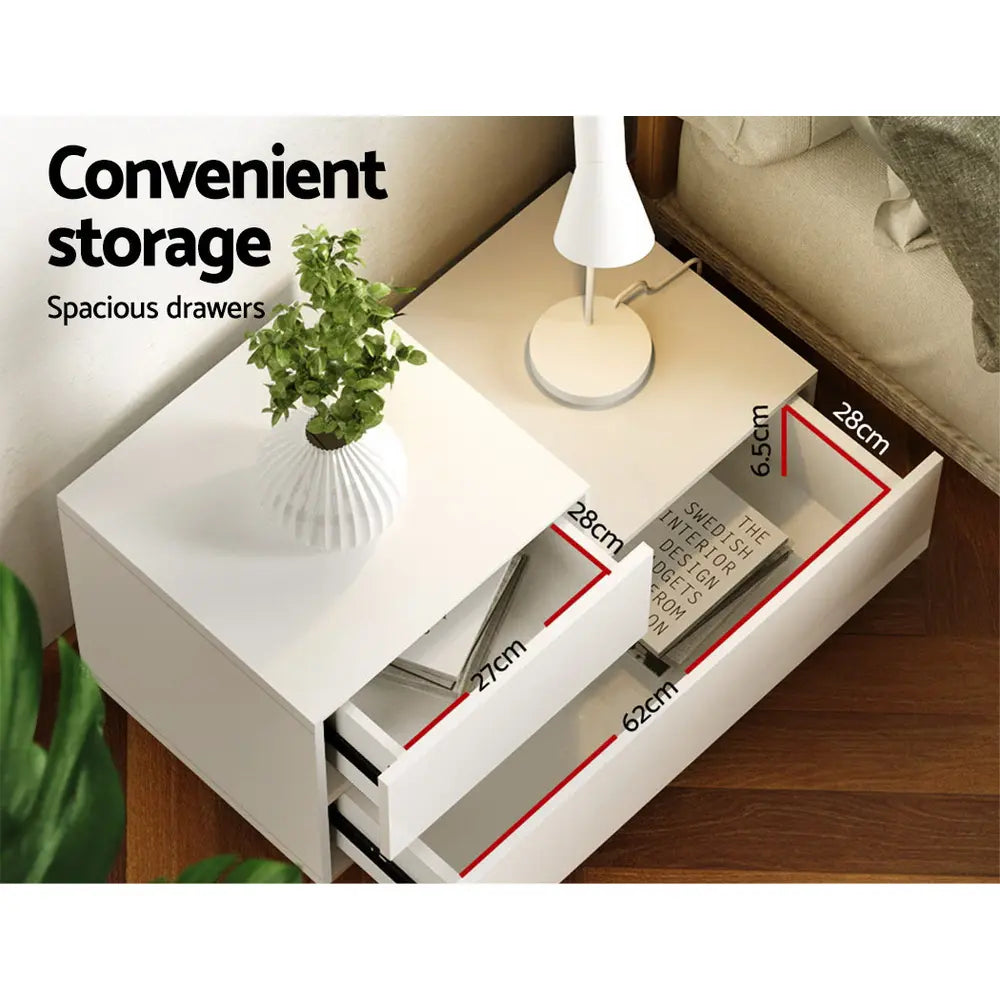 Two deep storage drawers in white handleless LED bedside table