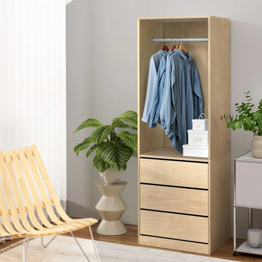 Artiss 185cm pine wardrobe with three drawers and hanging rail for bedroom storage