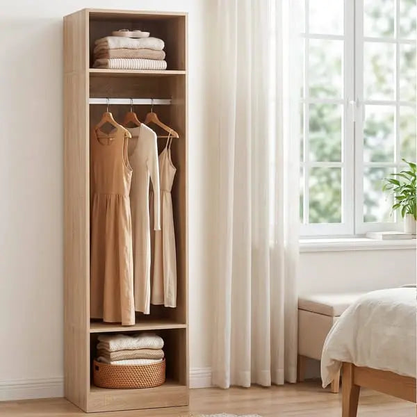 Artiss 50.5cm slim pine wardrobe styled in small bedroom showing space-saving profile with clothes hanging