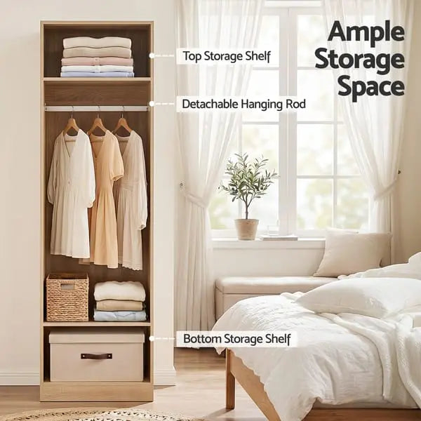 Interior of Artiss pine wardrobe showing detachable hanging rod clothes rack and top and bottom open shelves
