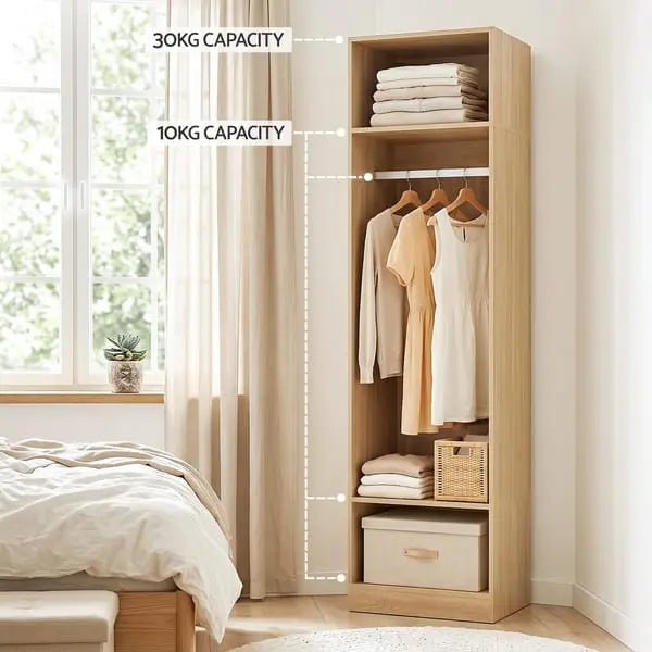 Top open shelf of Artiss pine wardrobe holding bags accessories and storage boxes 10kg capacity