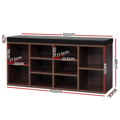 Artiss 10-Cube Shoe Cabinet Bench – Walnut Entryway Storage with Cushioned Seat