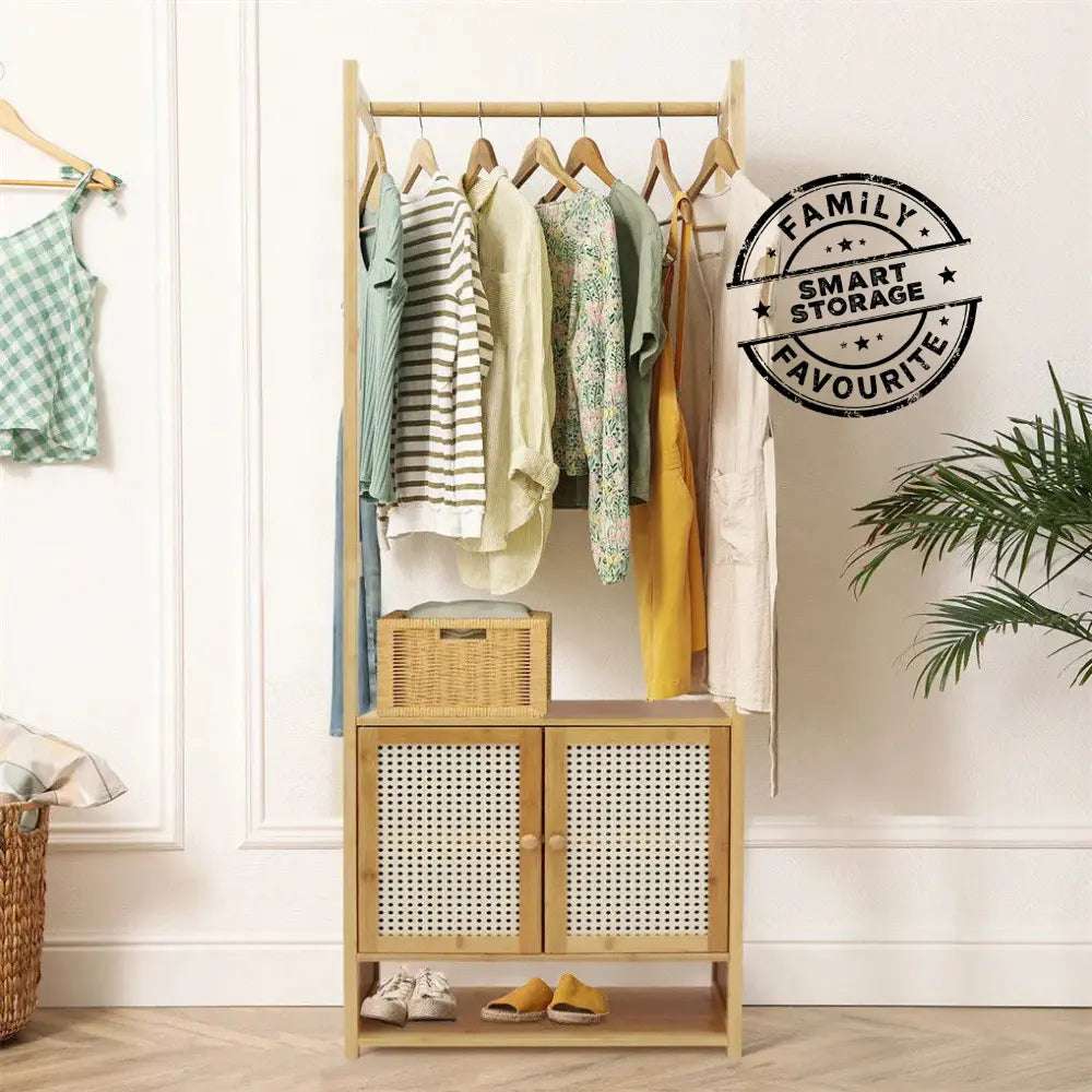 Family Favourite Selection - 168cm tall bamboo clothes rack with coat hangers and storage cabinet in bedroom