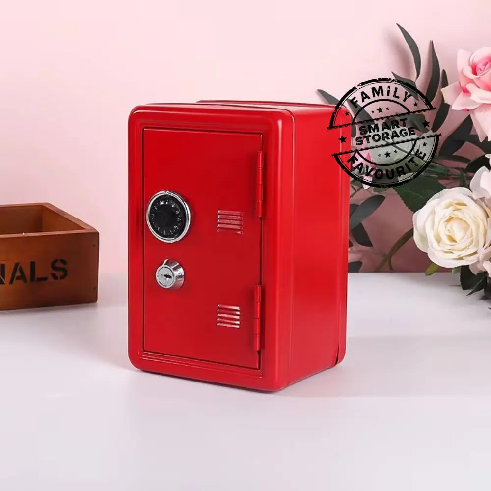 Red mini safe box with combination lock on desk