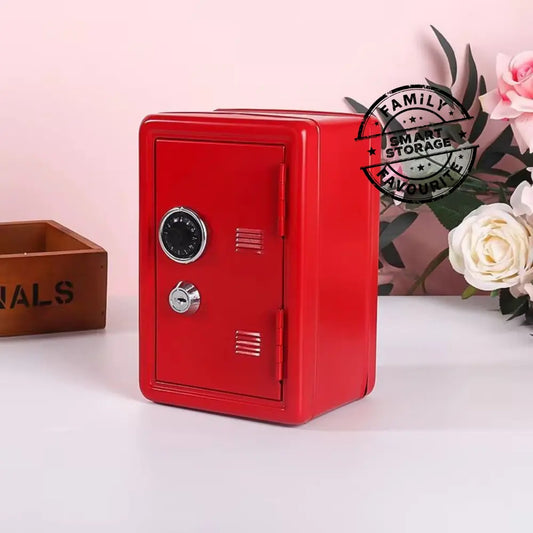 Red mini safe box with combination lock on desk