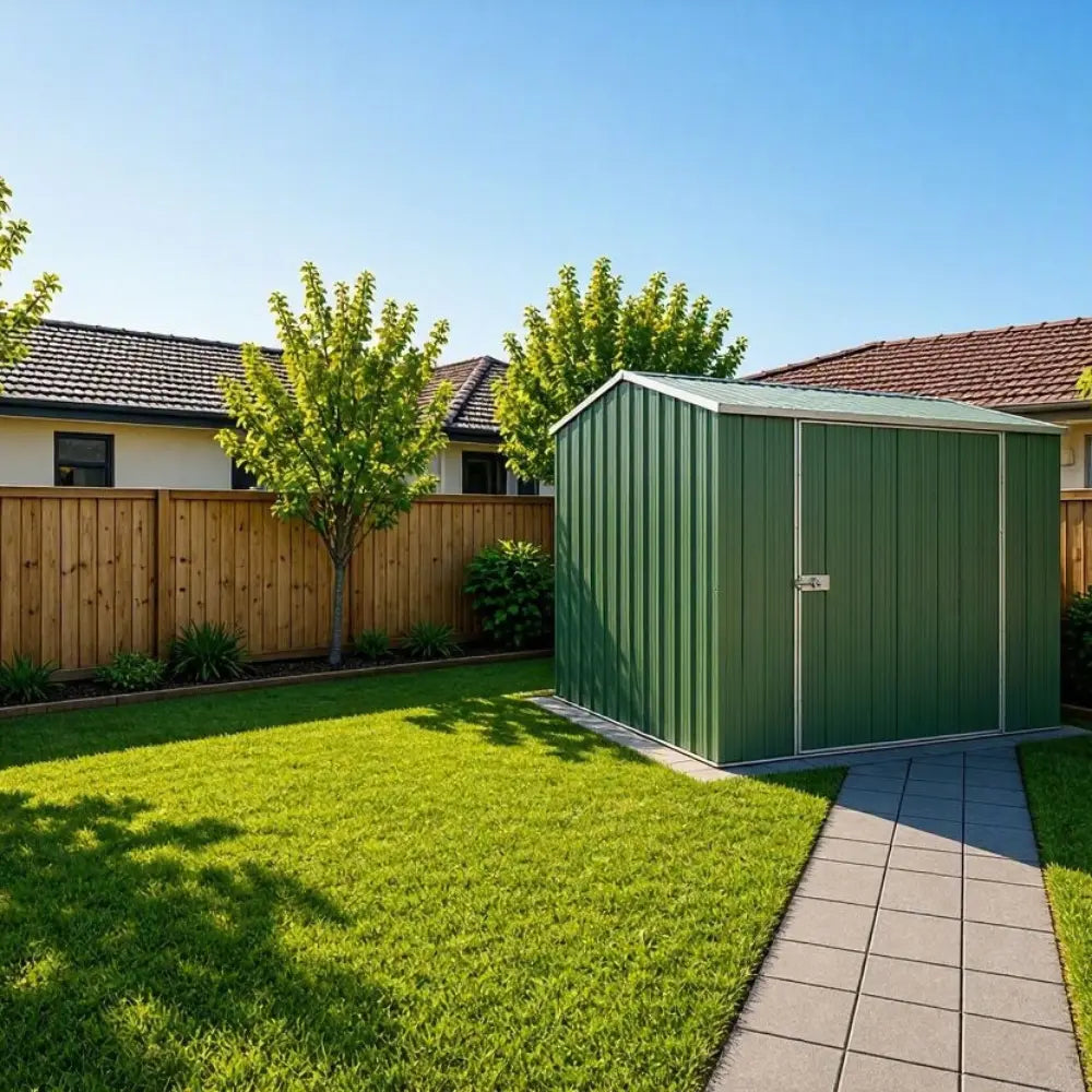 YardStore G56-S shed installed in Australian backyard storing garden and pool equipment