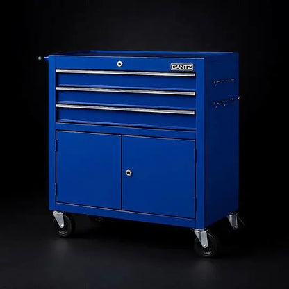 Giantz 3-drawer blue steel tool trolley with lockable cabinet and side pegboard