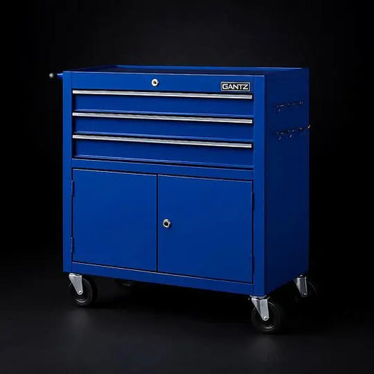 Giantz 3-drawer blue steel tool trolley with lockable cabinet and side pegboard