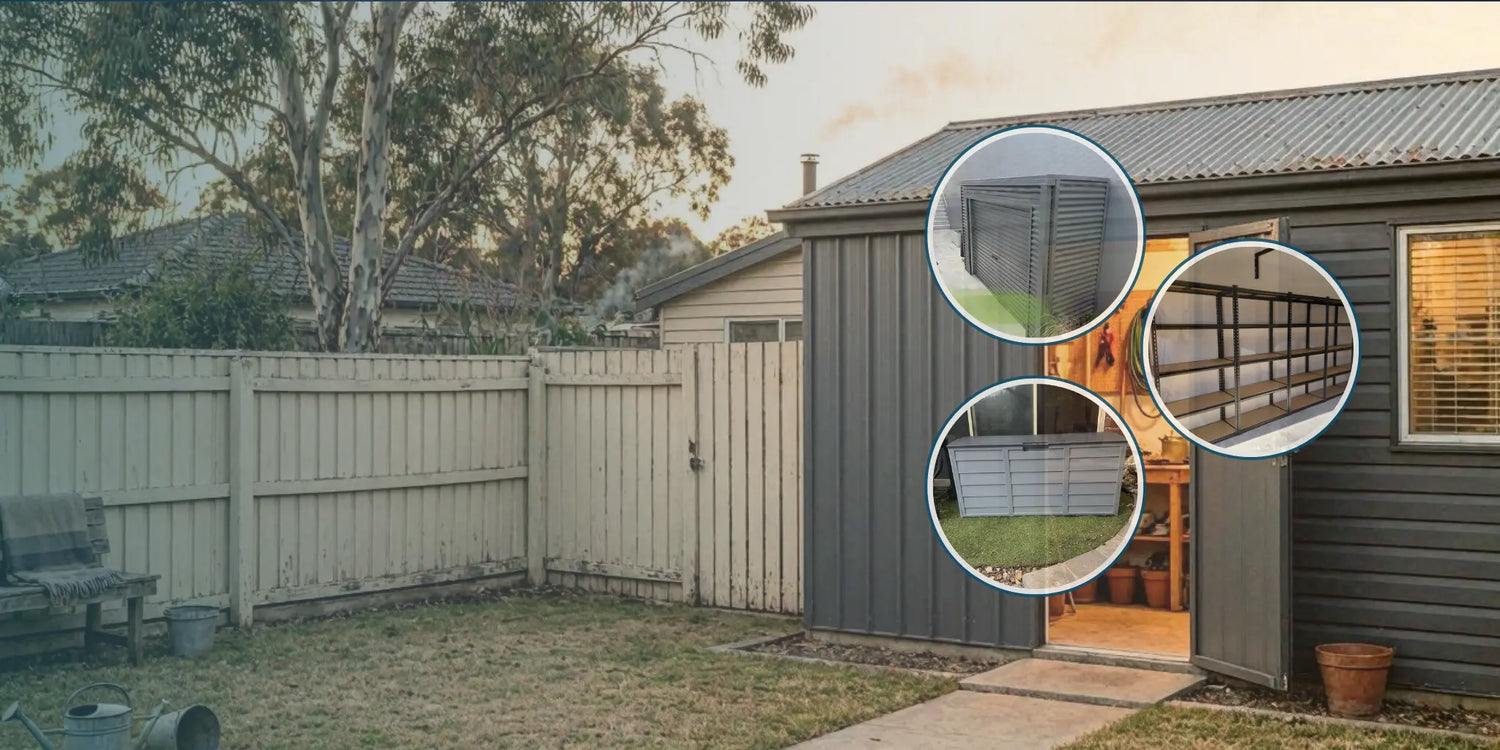 Typical Australian backyard with garden shed. June EOFY pricing available on selected ranges.