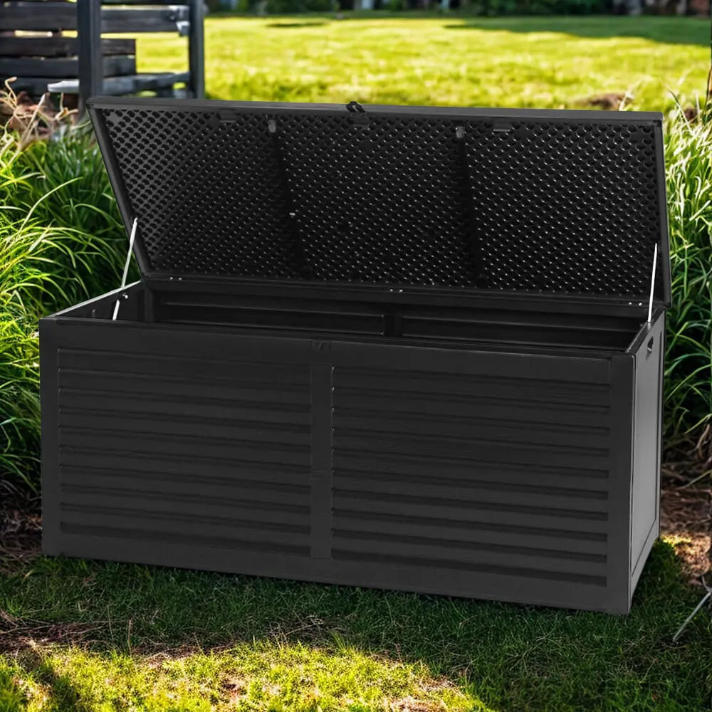 Gardeon 830L Outdoor Storage Box – Lockable Weatherproof Bench for Backyard, Shed or Garage (All Black)