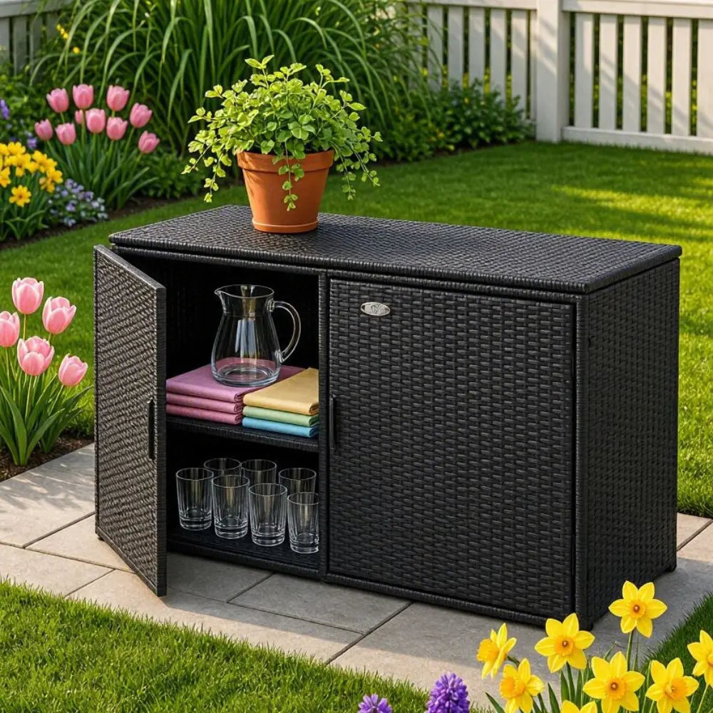 Large black wicker outdoor storage cabinet 333L capacity customer photo