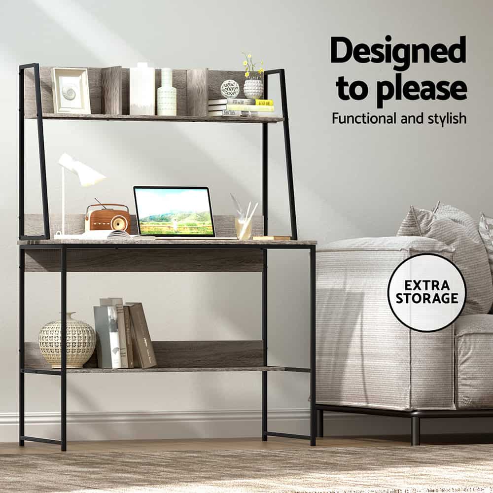 100cm Computer Desk with Bookshelf & Cable Management – Grey Study Table for Home Office