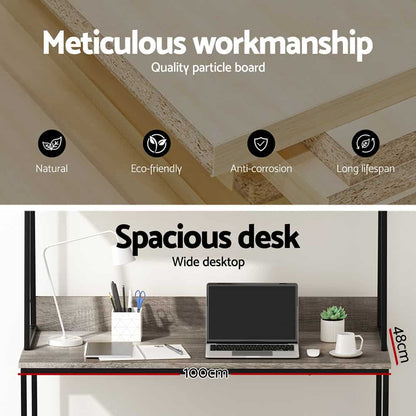 100cm Computer Desk with Bookshelf & Cable Management – Grey Study Table for Home Office