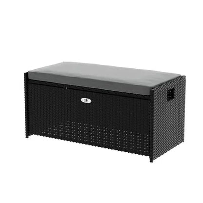 Gardeon 102L black wicker outdoor storage bench with cushion 100cm wide PE rattan steel frame
