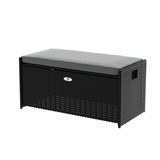 Gardeon 102L black wicker outdoor storage bench with cushion 100cm wide PE rattan steel frame