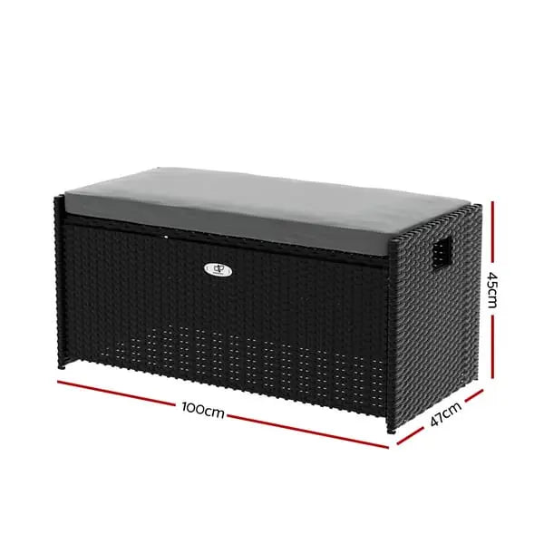 Gardeon Wicker Outdoor Storage Bench - 102L, 300kg Rated, Cushioned Seat | Black PE Rattan