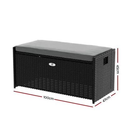 Gardeon Wicker Outdoor Storage Bench - 102L, 300kg Rated, Cushioned Seat | Black PE Rattan