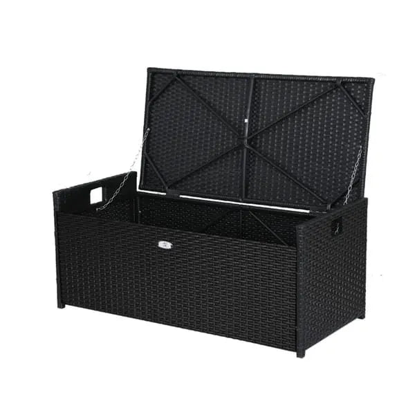 Gardeon wicker storage bench lid open showing 102L interior storage space loaded with outdoor cushions