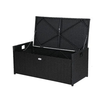 Gardeon wicker storage bench lid open showing 102L interior storage space loaded with outdoor cushions
