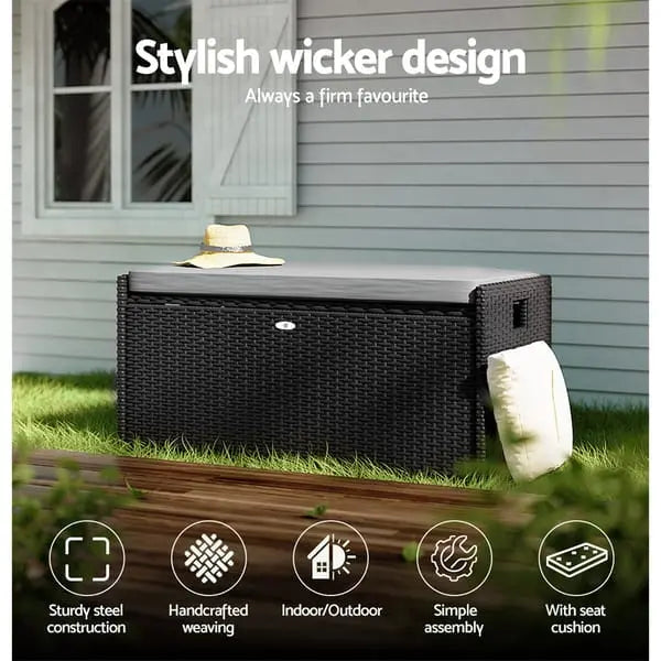 Gardeon Wicker Outdoor Storage Bench - 102L, 300kg Rated, Cushioned Seat | Black PE Rattan