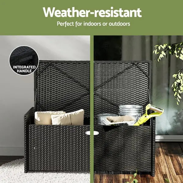 Anti-rust hinge and steel lid rope detail on Gardeon wicker storage bench holding lid open safely