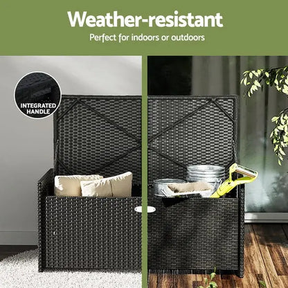 Anti-rust hinge and steel lid rope detail on Gardeon wicker storage bench holding lid open safely