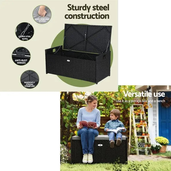 Person seated comfortably on Gardeon wicker storage bench showing 45cm height and cushion comfort