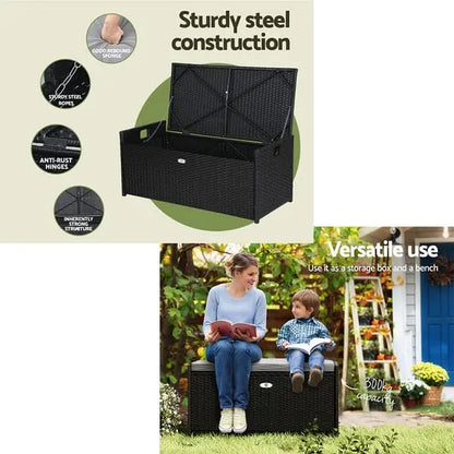 Person seated comfortably on Gardeon wicker storage bench showing 45cm height and cushion comfort