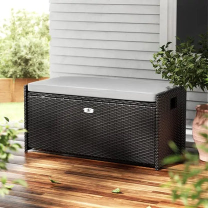 Gardeon Wicker Outdoor Storage Bench - 102L, 300kg Rated, Cushioned Seat | Black PE Rattan