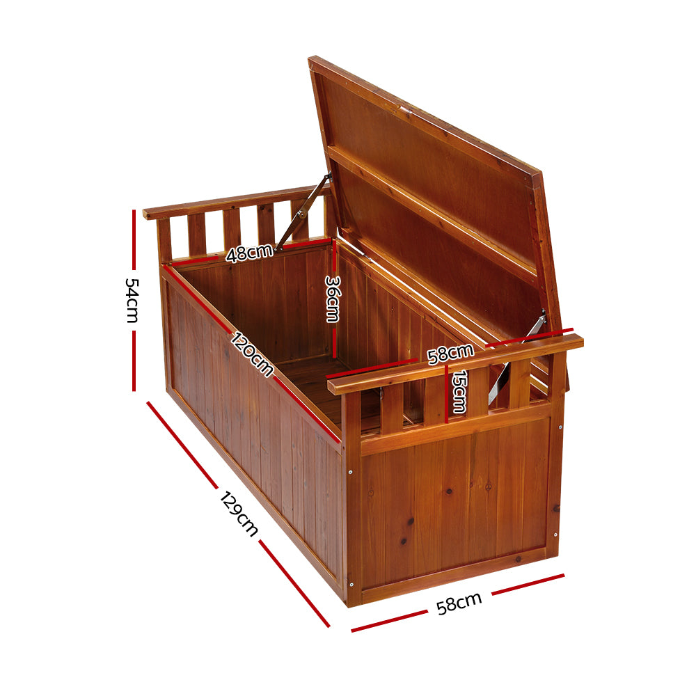 Size Dimensions for outdoor wooden storage bench.