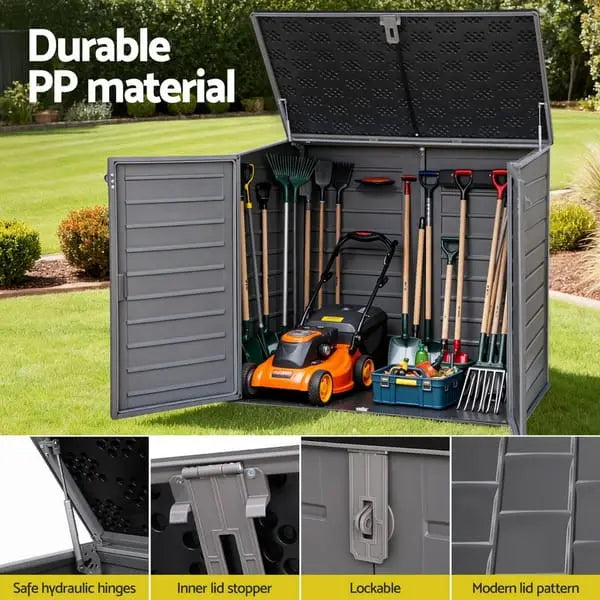 Large lockable outdoor storage cabinet with three doors and lid