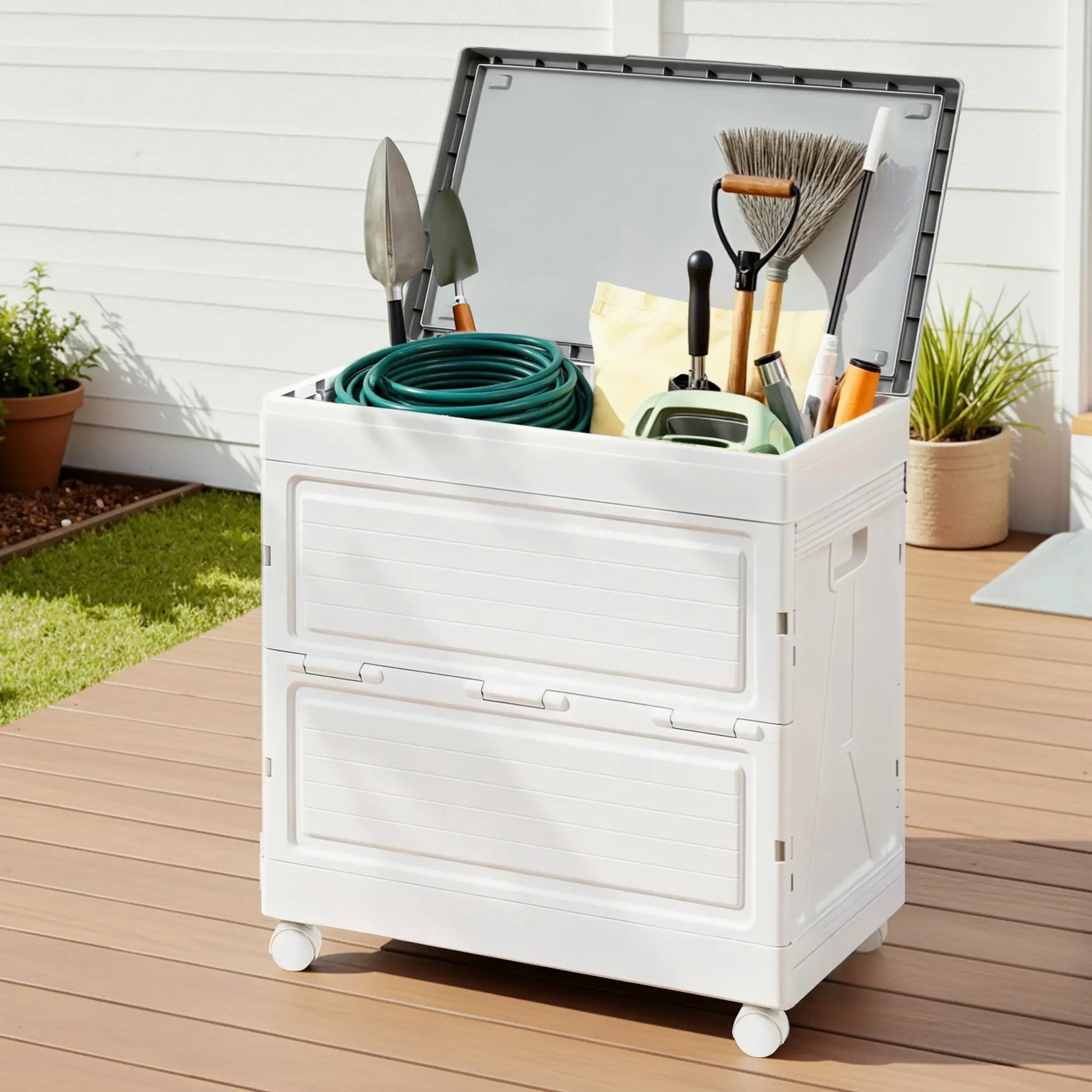 Wheeled storage box beside pool containing towels, pool toys and inflatables for summer organization