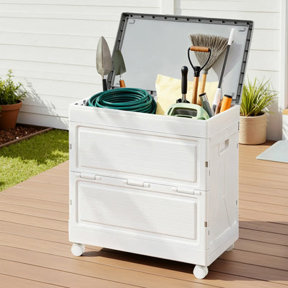 Wheeled storage box beside pool containing towels, pool toys and inflatables for summer organization
