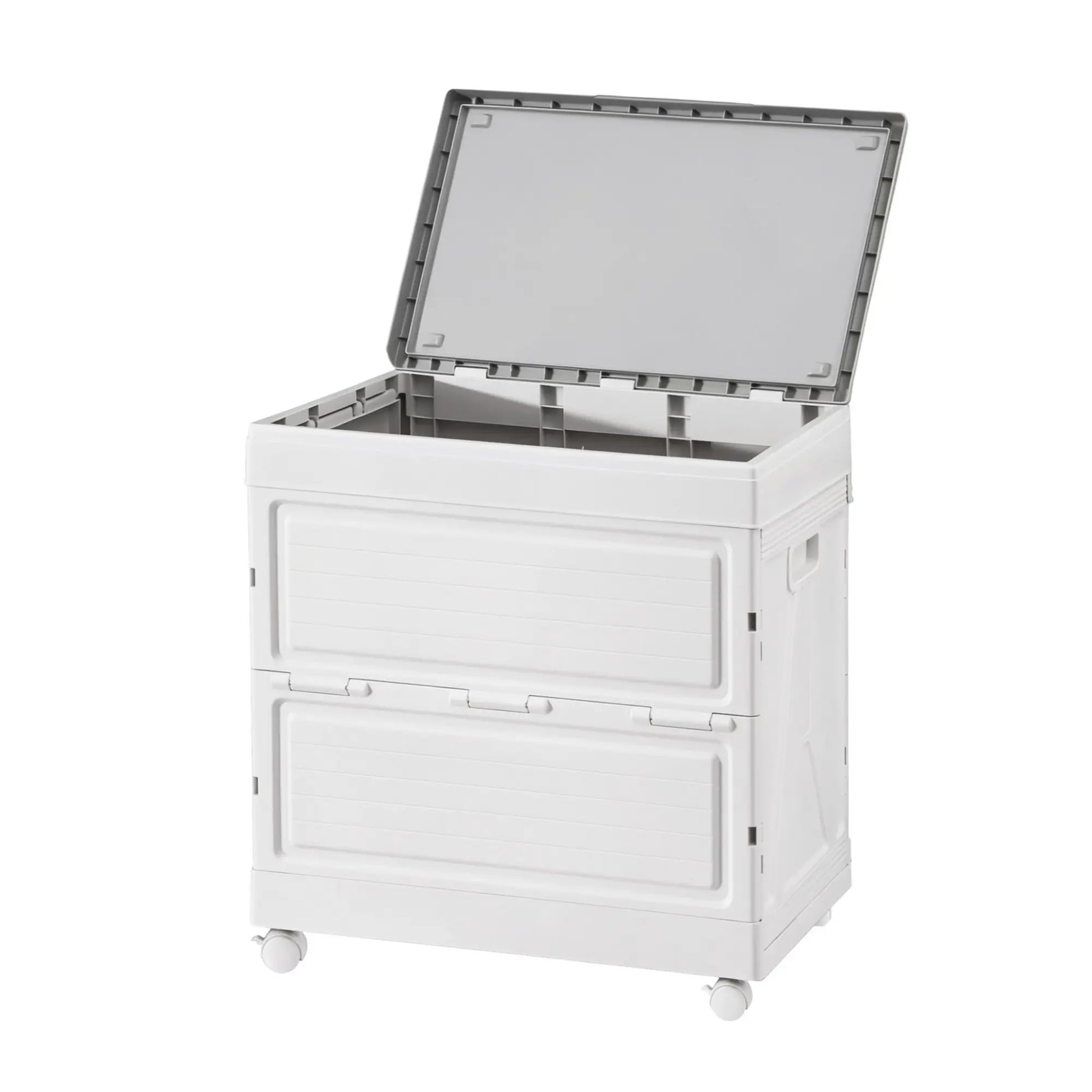 Beige 159 litre collapsible storage box with four 360 degree wheels for mobile outdoor and indoor organization