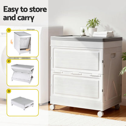 Storage box folded completely flat demonstrating space-saving compact storage capability