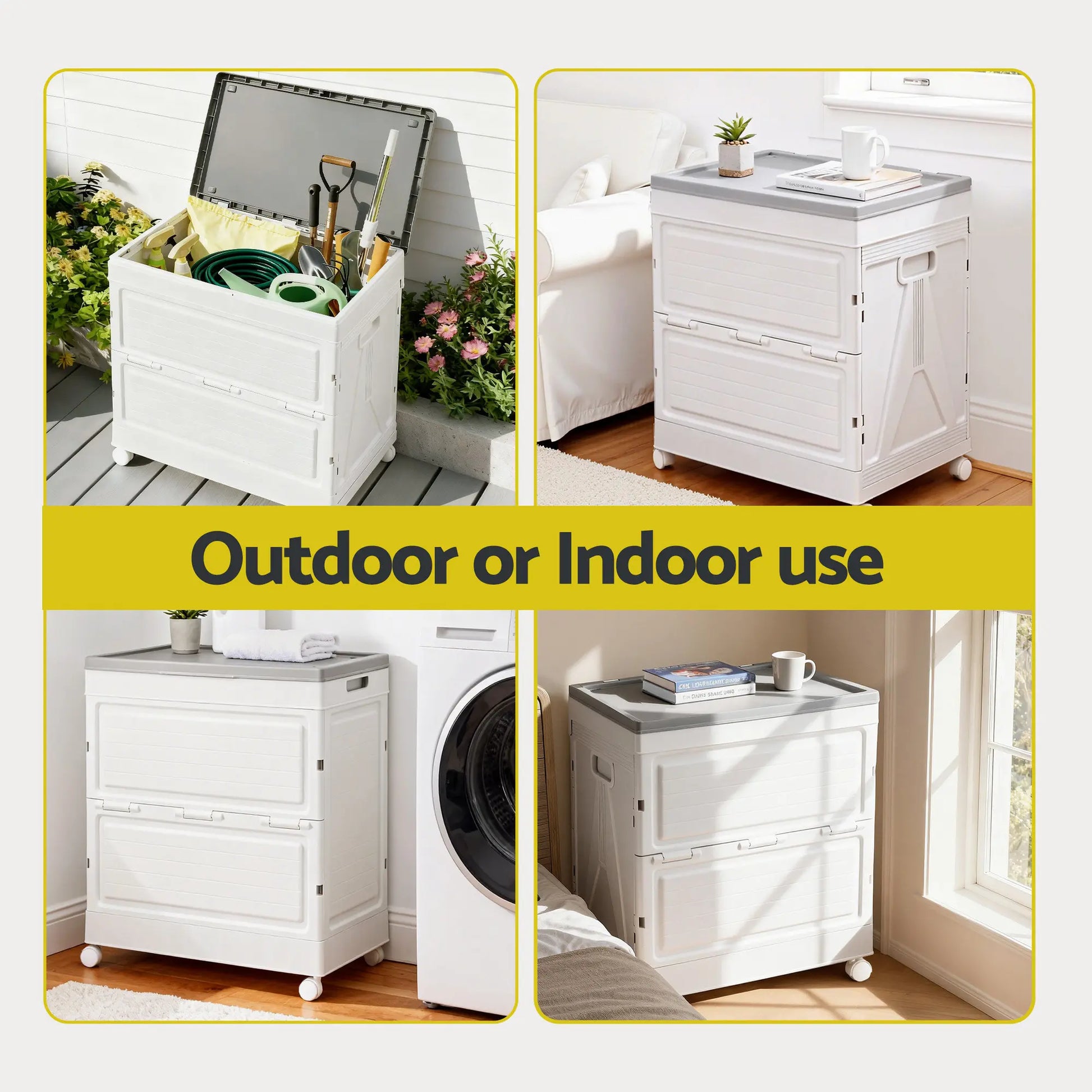 Storage box used both outdoors for gardening supplies and indoors for toy organization showing versatility