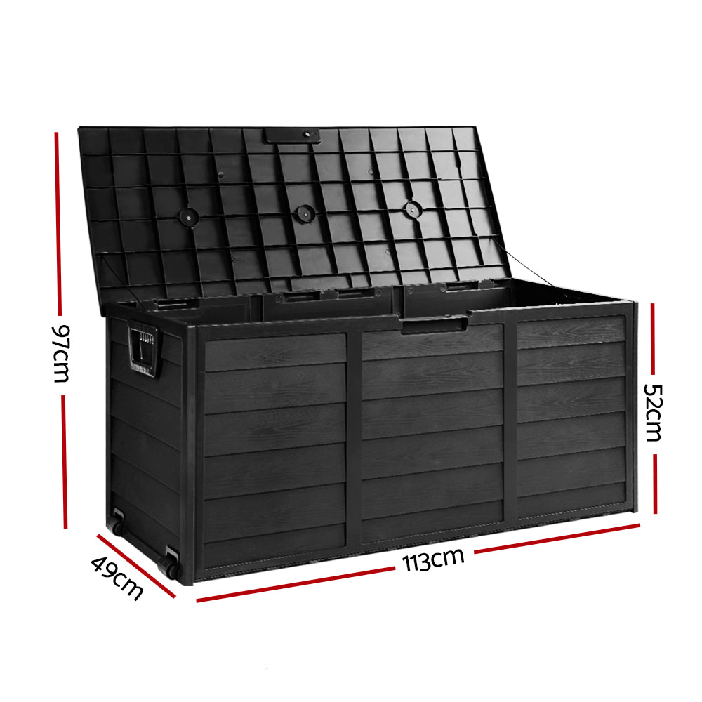 Side view of waterproof outdoor storage box with lid open