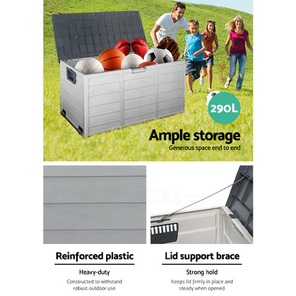 Outdoor Storage Box 290L – Grey Deck Organizer with Lockable Lid & Wheels