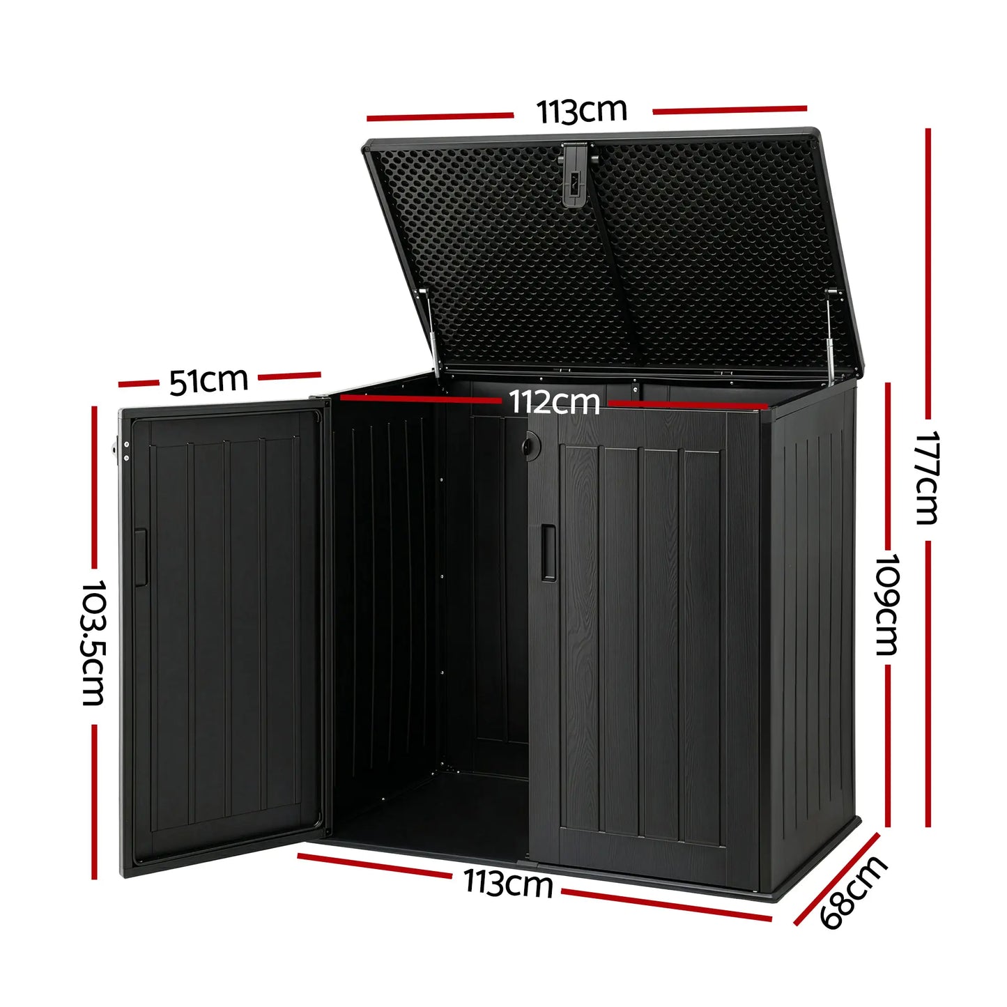 Gardeon black outdoor storage box side view 113x68x109cm UV-resistant PP plastic