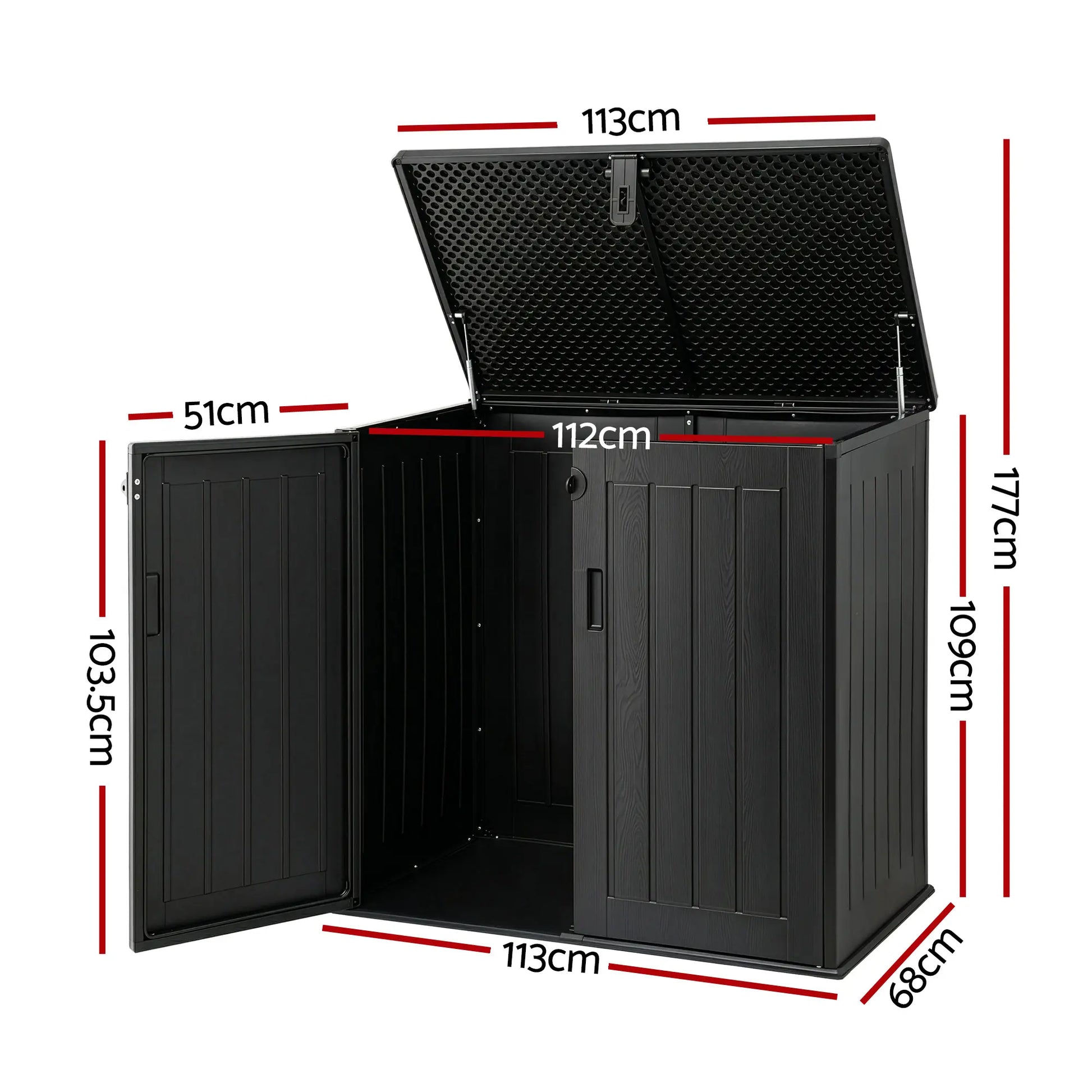 Gardeon black outdoor storage box side view 113x68x109cm UV-resistant PP plastic