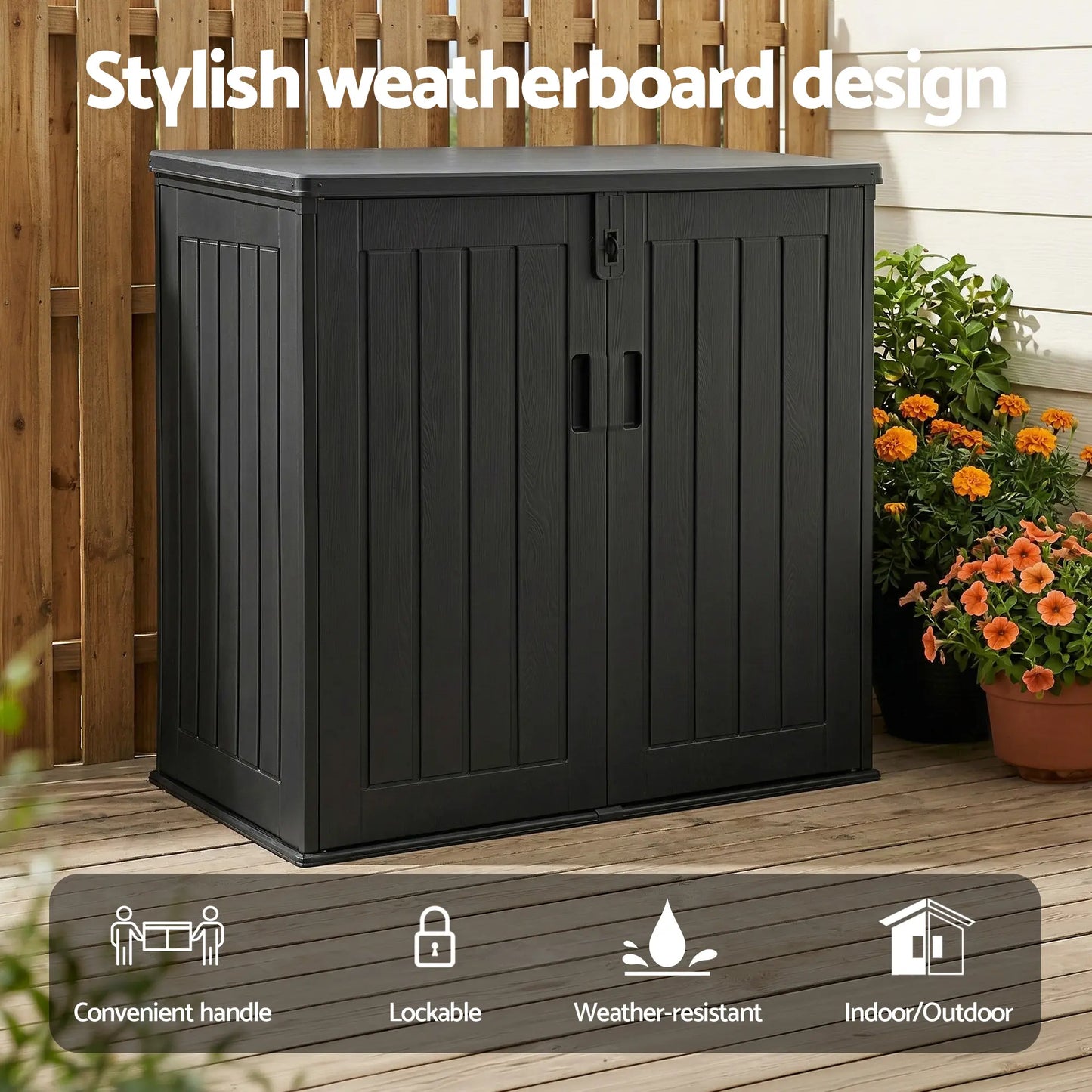 Triple-door locking system close-up on Gardeon weatherproof outdoor storage cabinet