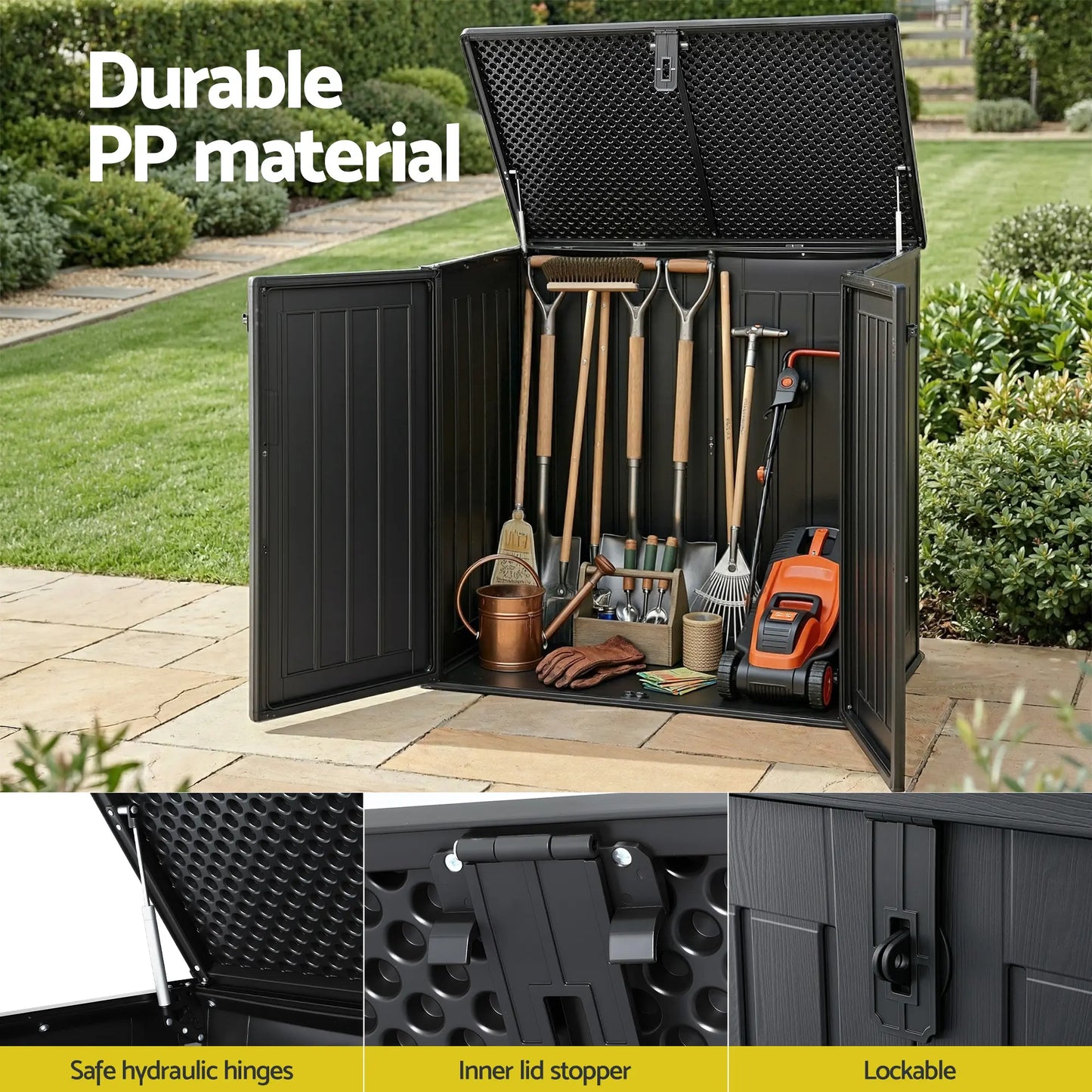 Safe hydraulic lid hinge with inner stopper on large outdoor plastic storage box