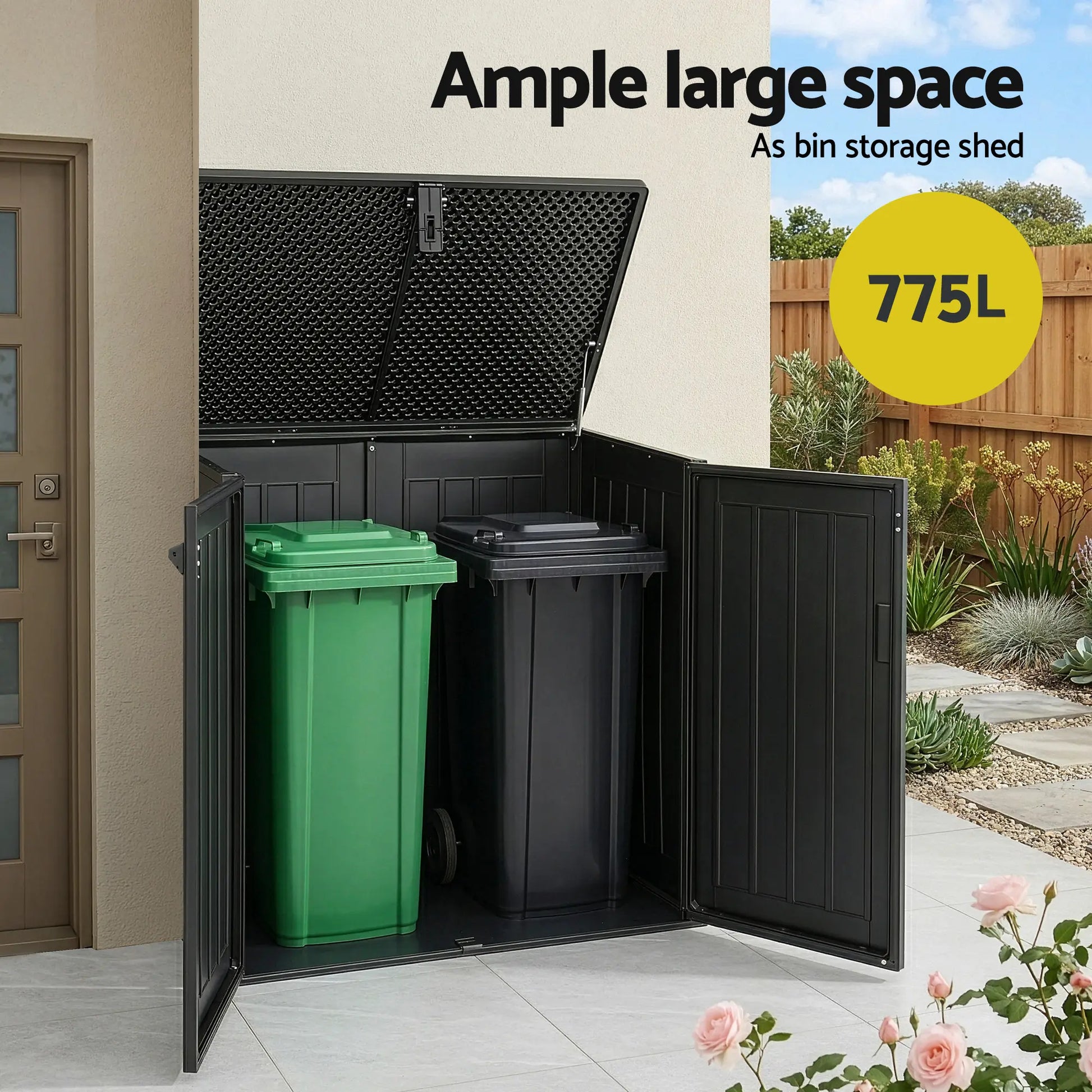 775 litre outdoor storage box open showing interior capacity for garden tools and equipment