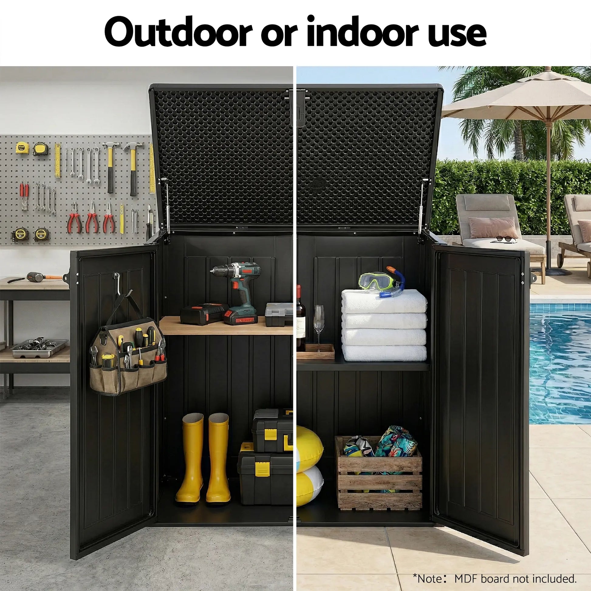 Large outdoor storage box storing garden tools cushions and equipment in backyard shed area